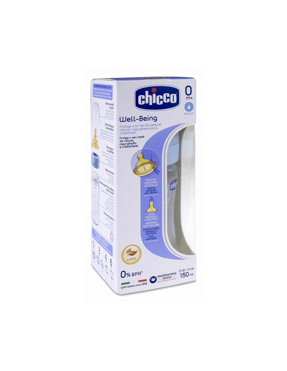 Chicco Biberón Well-Being 250 ml 2m+ tetina látex flujo medio