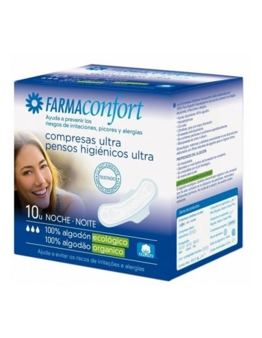 Compresas Ultrafinas 100% Algodon Farmaconfort Noche Alas 10 Unidades
